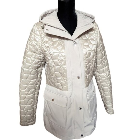 Ellen Tracy Womens Cream Color Quilted Hooded Parka Coat Jacket Size: Medium - Picture 1 of 10